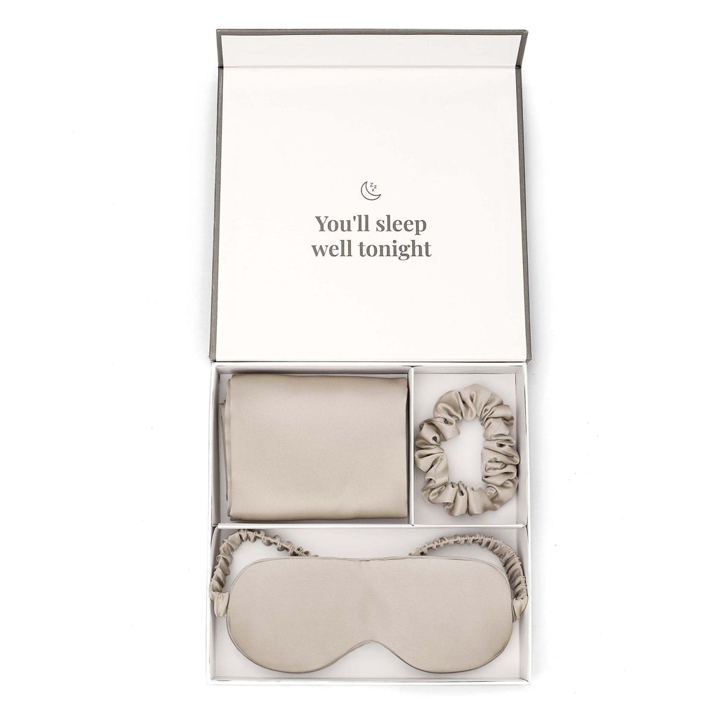 19 Momme Silk Gift Set - Pillowcase, Eyemask and Hair Tie - Champagne - DUSK