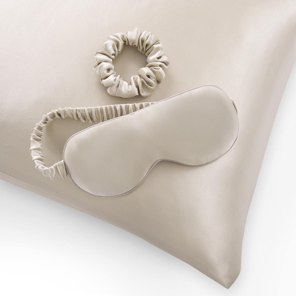 19 Momme Silk Gift Set - Pillowcase, Eyemask and Hair Tie - Champagne - DUSK