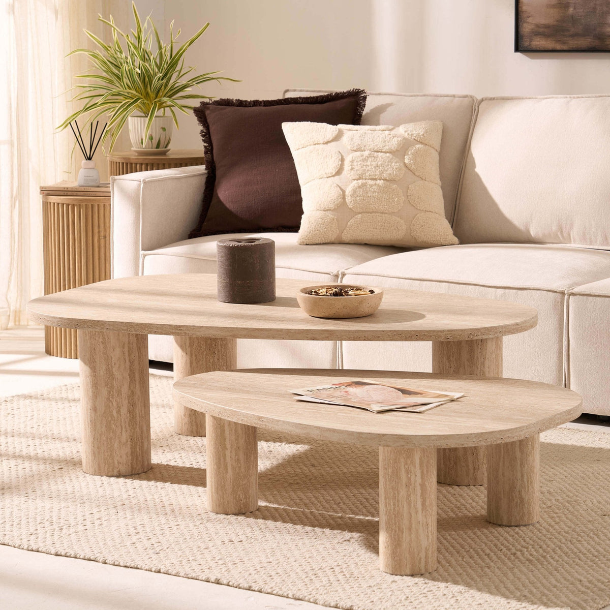 Azra Nesting Coffee Tables - Travertine Marble Effect - DUSK