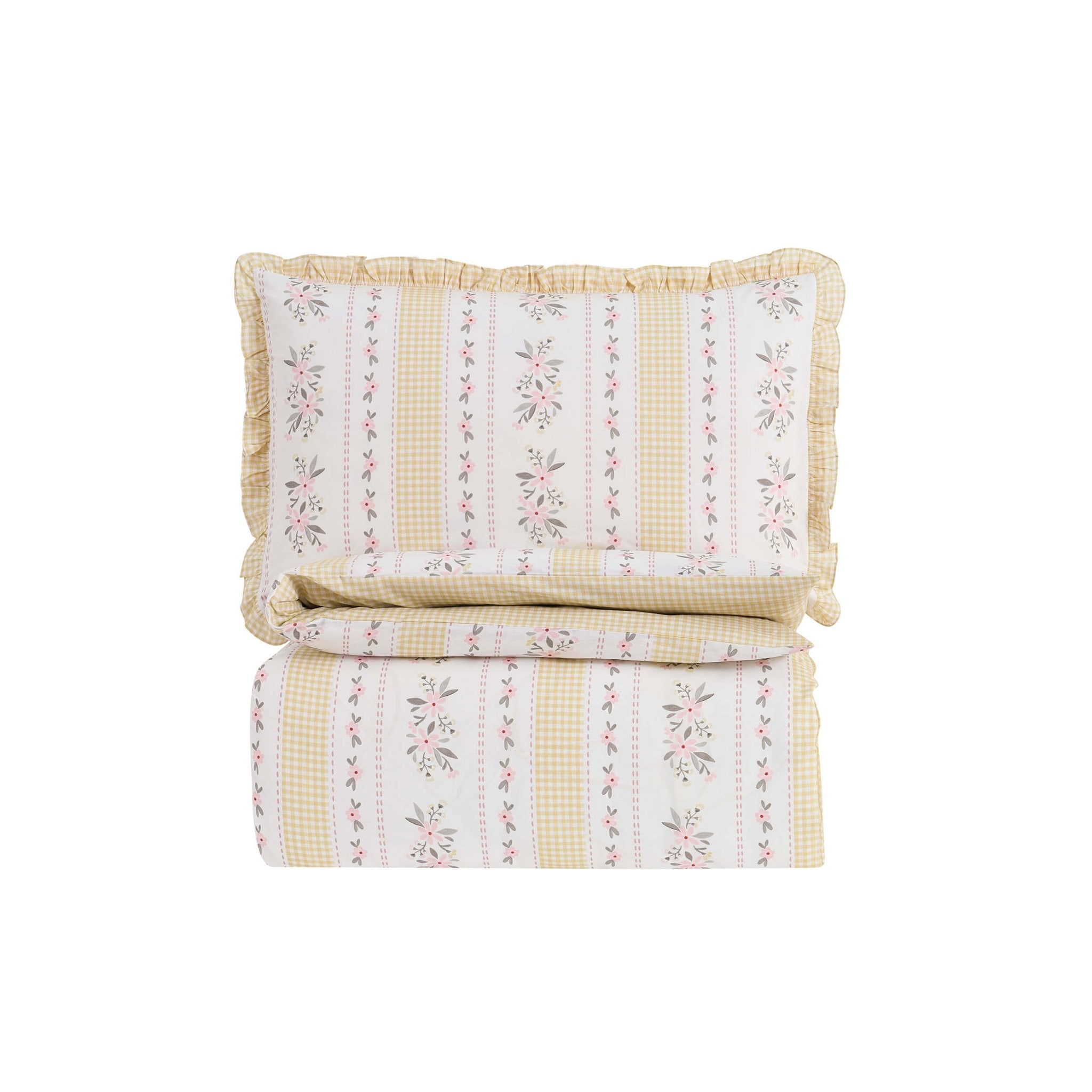 Bobbie 100% Cotton Floral Gingham Duvet Cover & Pillowcase set - Yellow - DUSK