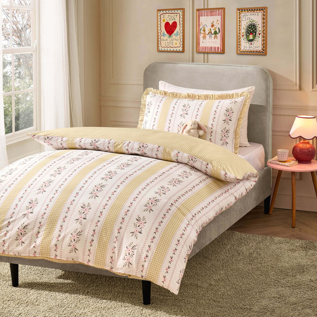 Bobbie 100% Cotton Floral Gingham Duvet Cover & Pillowcase set - Yellow - DUSK