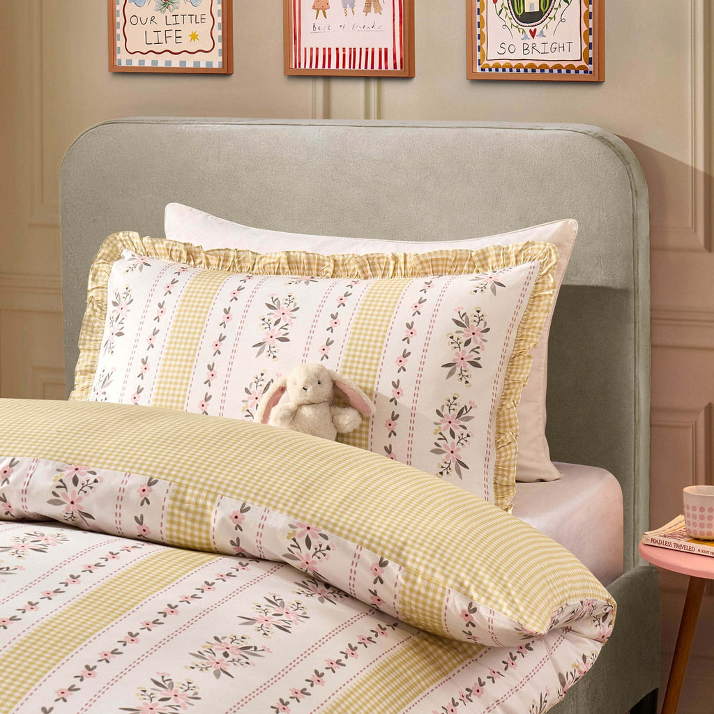 Bobbie 100% Cotton Floral Gingham Duvet Cover & Pillowcase set - Yellow - DUSK