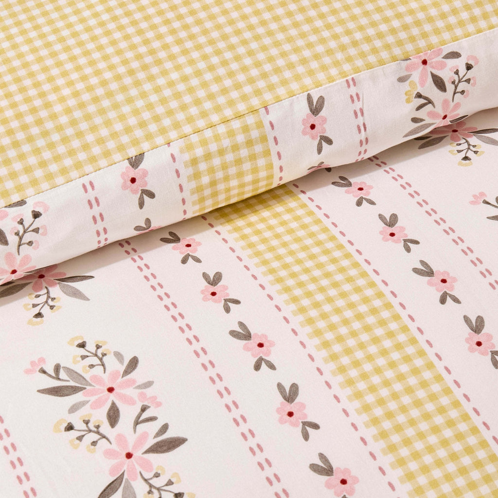 Bobbie 100% Cotton Floral Gingham Duvet Cover & Pillowcase set - Yellow - DUSK