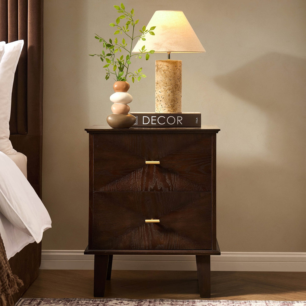 Brianna Concave 2 Drawer Bedside Table - Walnut - DUSK