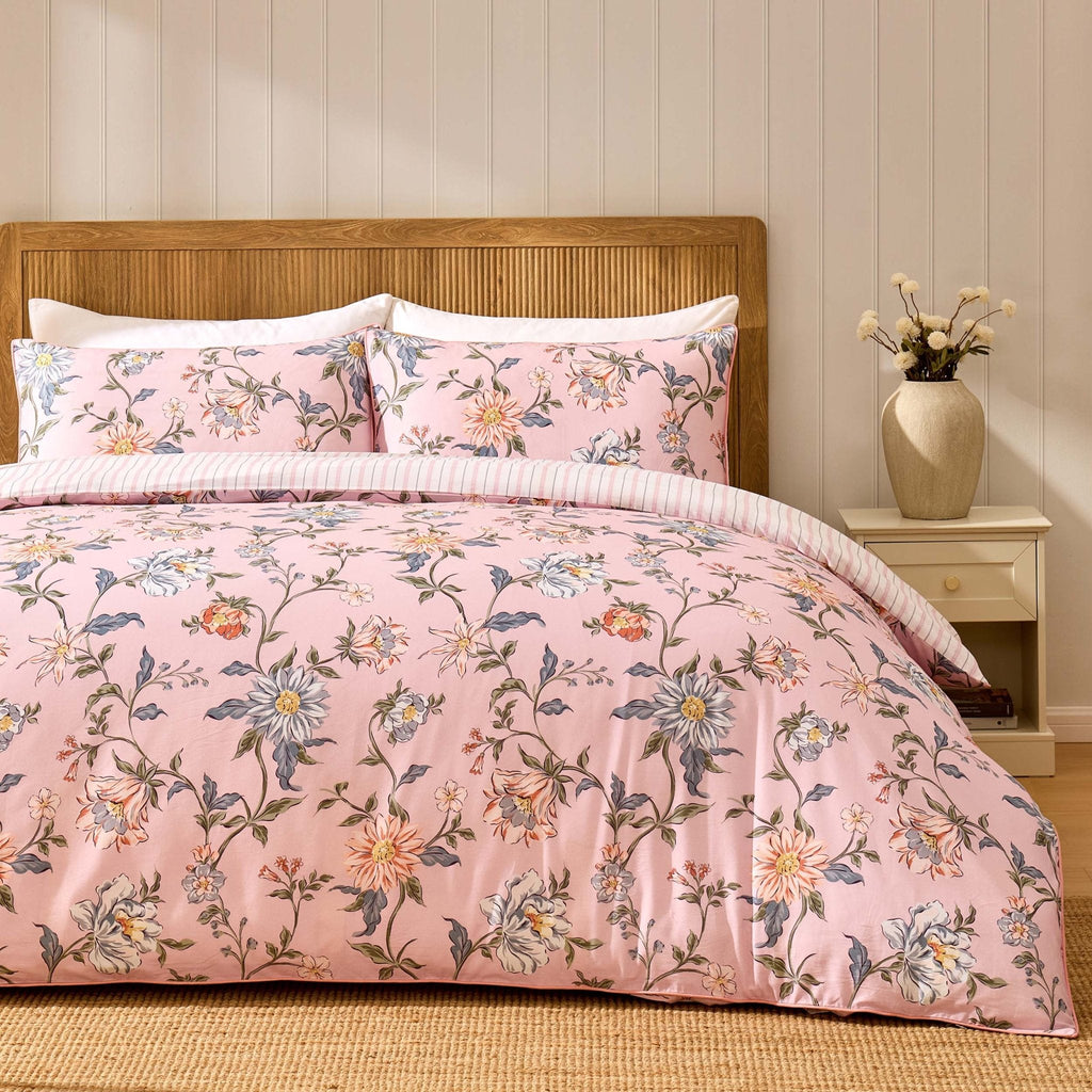 Celeste 300 Thread Count 100% Cotton Floral Duvet Cover & Pillowcase Set - Pink - DUSK