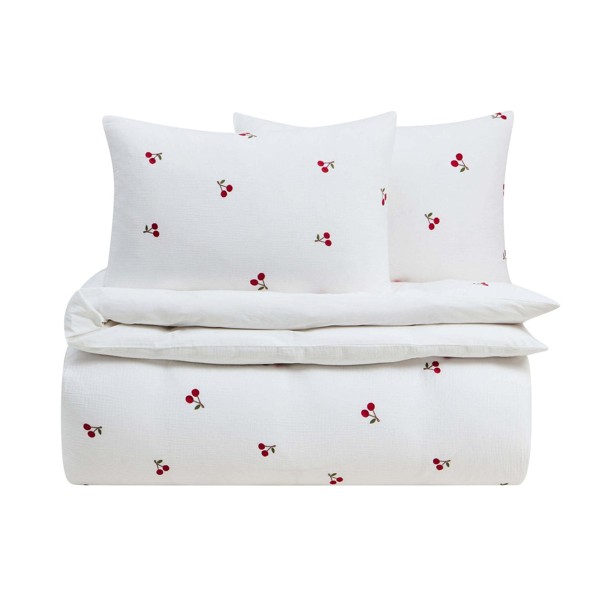 Cherry Embroidery 100% Cotton Muslin Duvet Cover & Pillowcase Set - White - DUSK