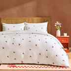 Cherry Embroidery 100% Cotton Muslin Duvet Cover & Pillowcase Set - White - DUSK