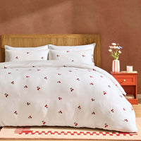 Cherry Embroidery 100% Cotton Muslin Duvet Cover & Pillowcase Set - White - DUSK