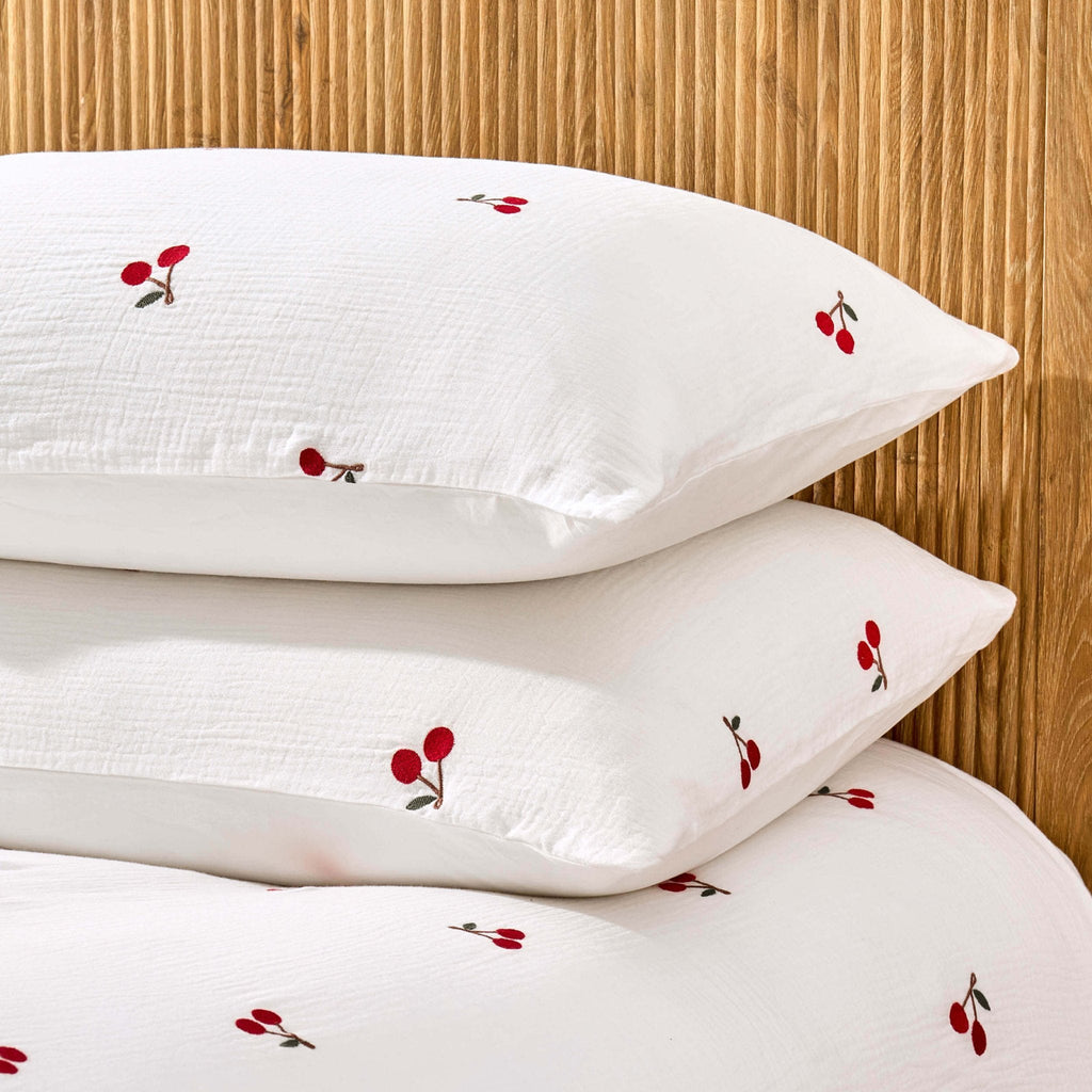 Cherry Embroidery 100% Cotton Muslin Duvet Cover & Pillowcase Set - White - DUSK