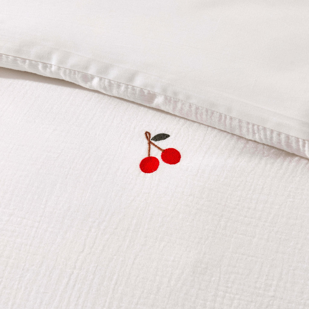 Cherry Embroidery 100% Cotton Muslin Duvet Cover & Pillowcase Set - White - DUSK