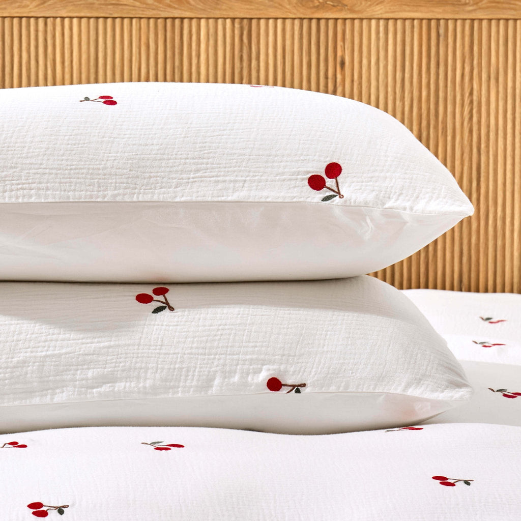 Cherry Embroidery 100% Cotton Muslin Duvet Cover & Pillowcase Set - White - DUSK