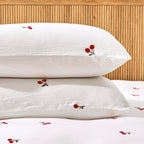 Cherry Embroidery 100% Cotton Muslin Duvet Cover & Pillowcase Set - White - DUSK