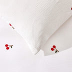 Cherry Embroidery 100% Cotton Muslin Duvet Cover & Pillowcase Set - White - DUSK