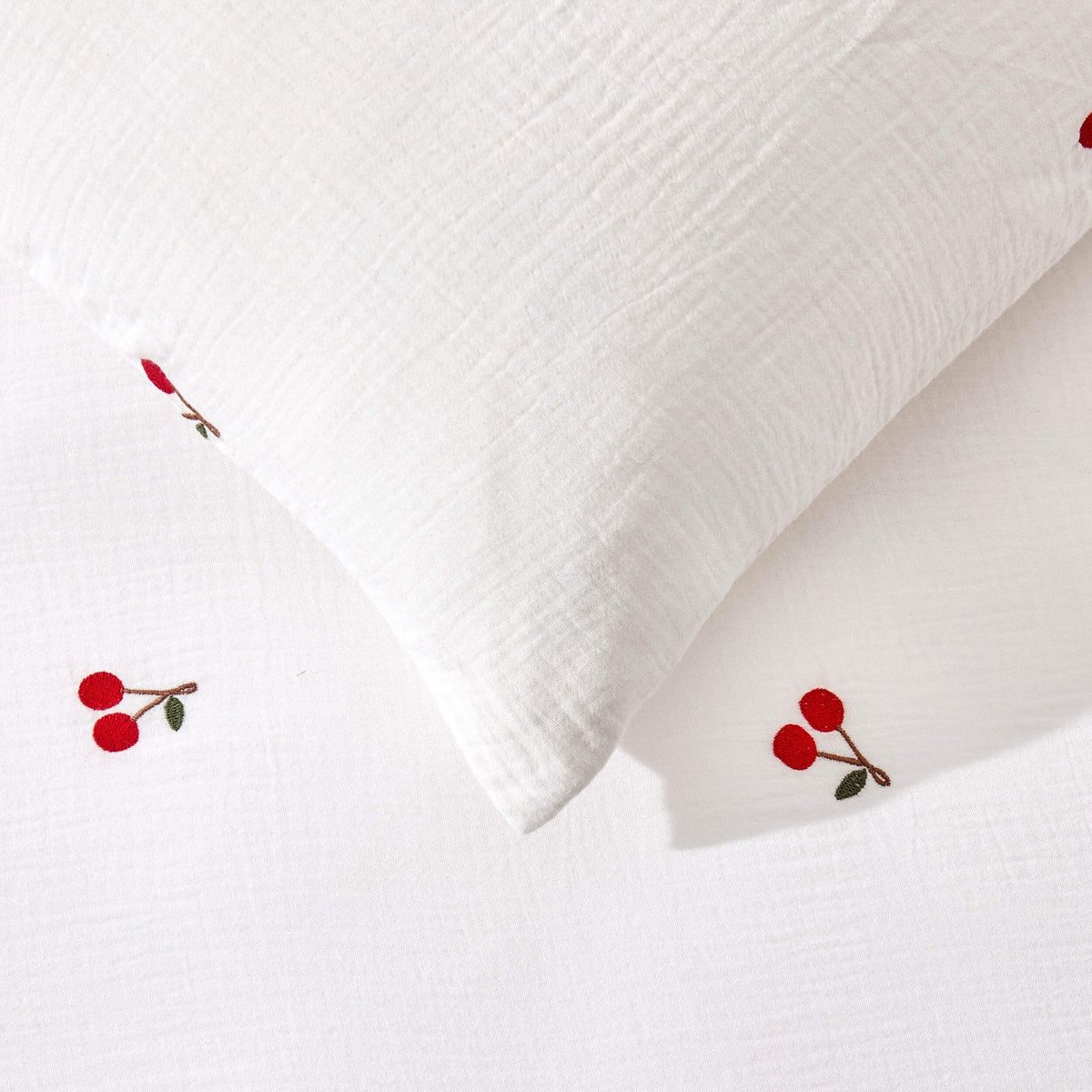 Cherry Embroidery 100% Cotton Muslin Duvet Cover & Pillowcase Set - White - DUSK