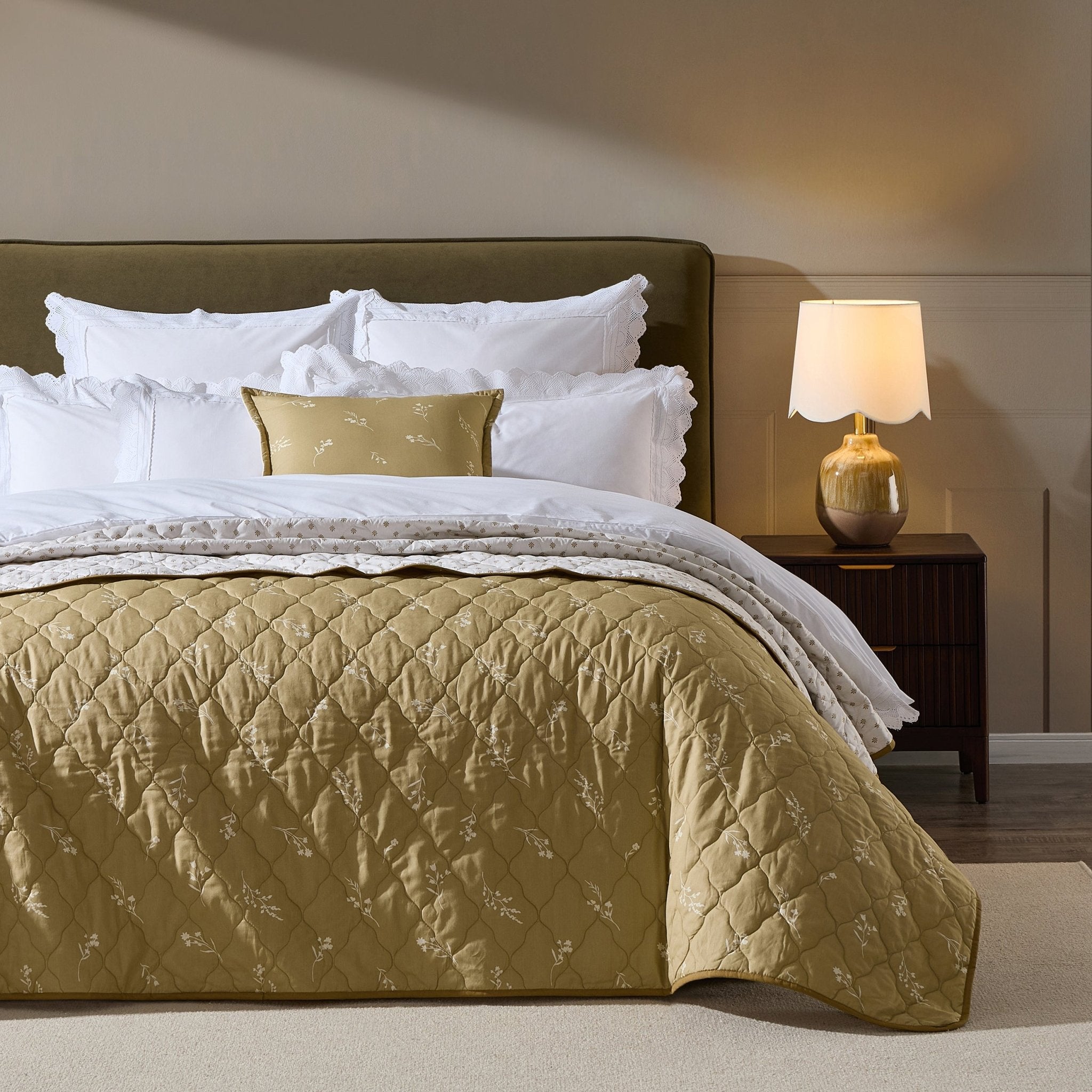 Chloe Reversible Quilted Floral & Foulard Print Bedspread - Olive - DUSK
