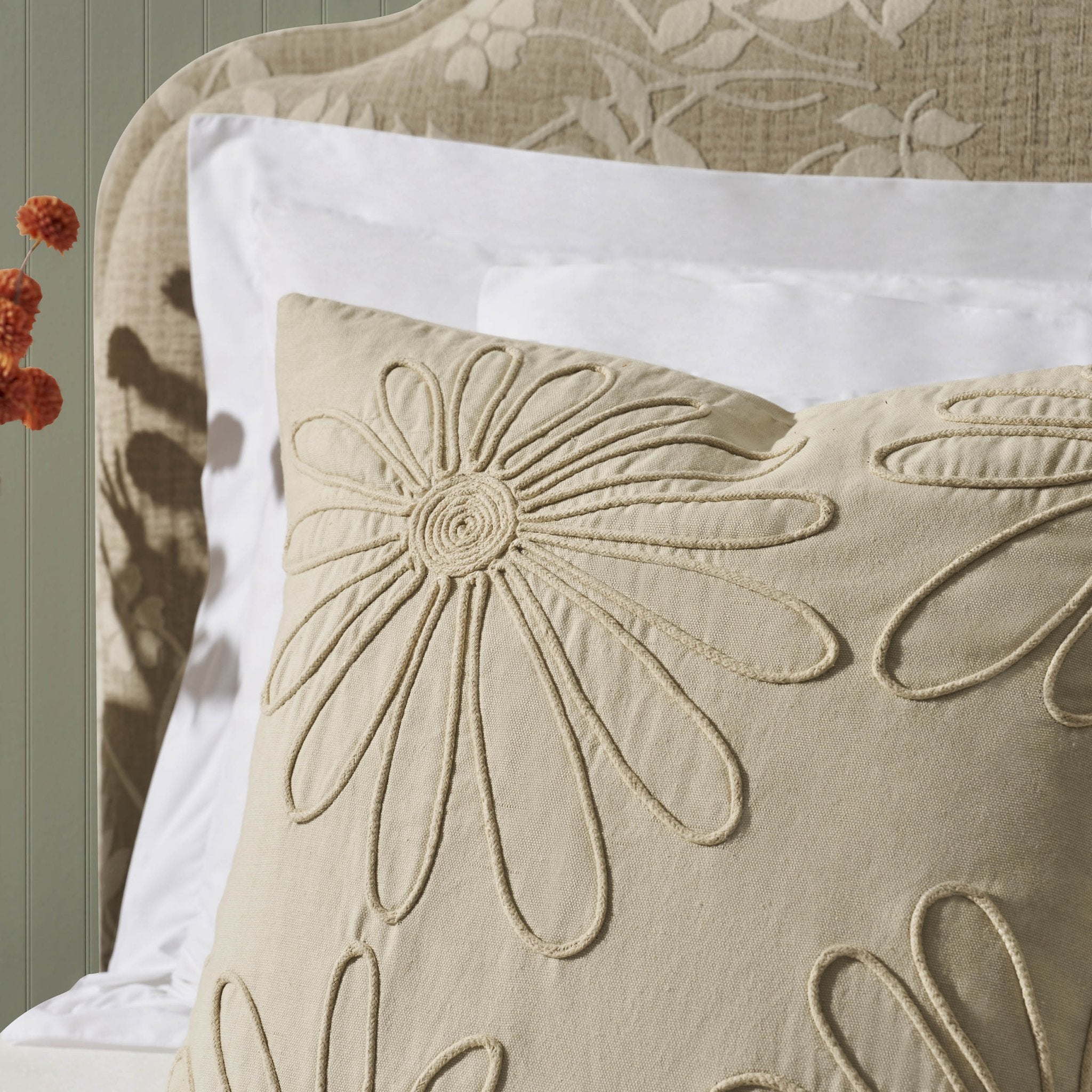 Cotton Embroidered Flower Cushion Cover - Natural - DUSK