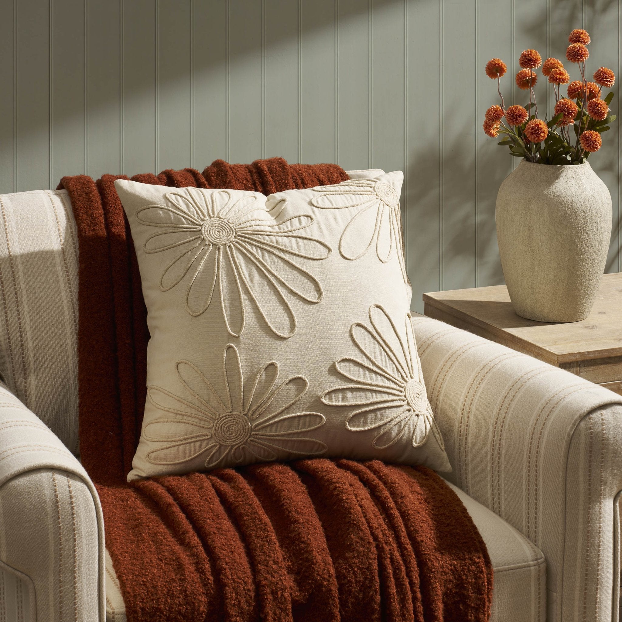 Cotton Embroidered Flower Sofa Cushion Cover - Natural - DUSK
