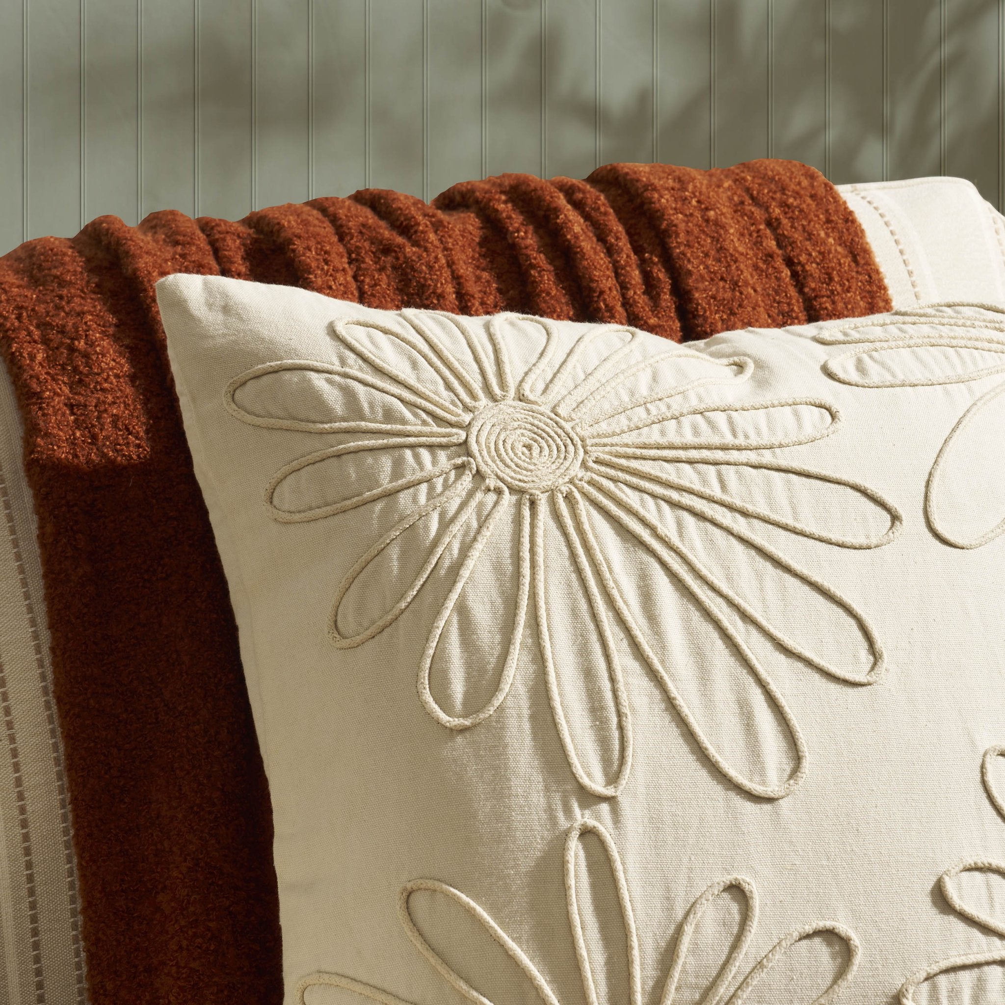 Cotton Embroidered Flower Sofa Cushion Cover - Natural - DUSK