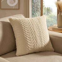 Curved Pattern Ribbed Faux Fur Sofa Cushion Cover - Cream - DUSK