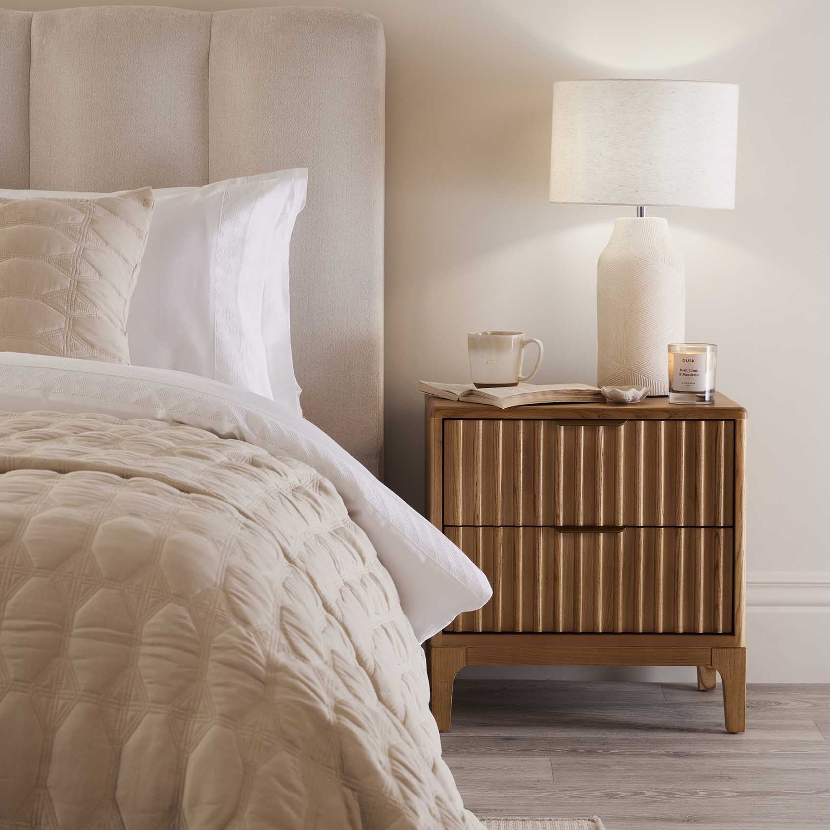 Elena Wood Veneer 2 Drawer Bedside Table - Light Wood - DUSK