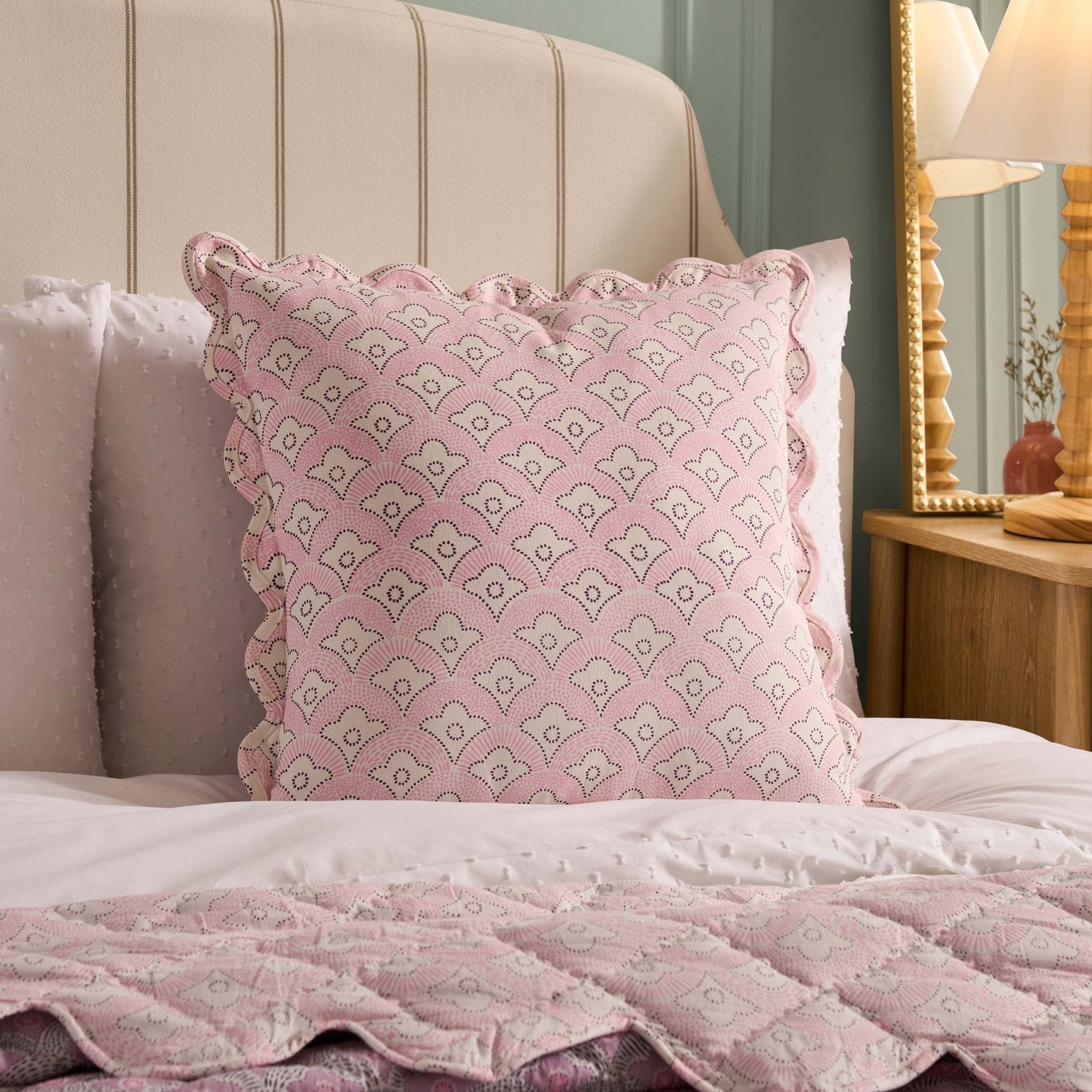 Esme 100% Cotton Printed Scallop Cushion Cover - Pink - DUSK