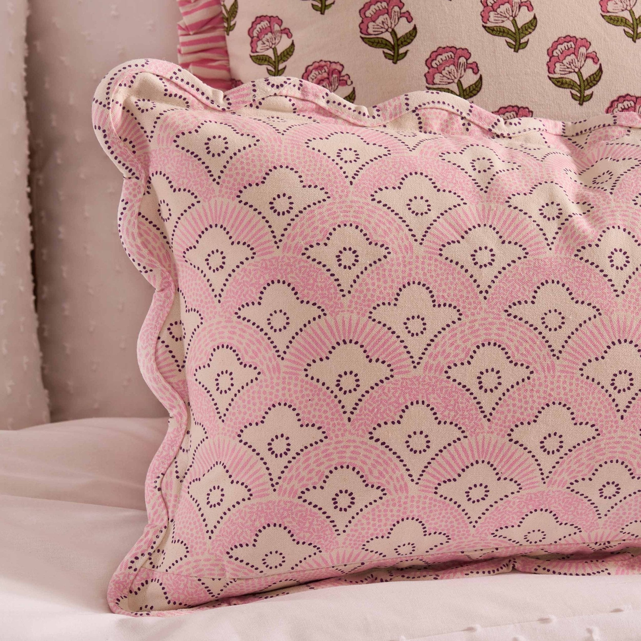 Esme 100% Cotton Printed Scallop Cushion Cover - Pink - DUSK