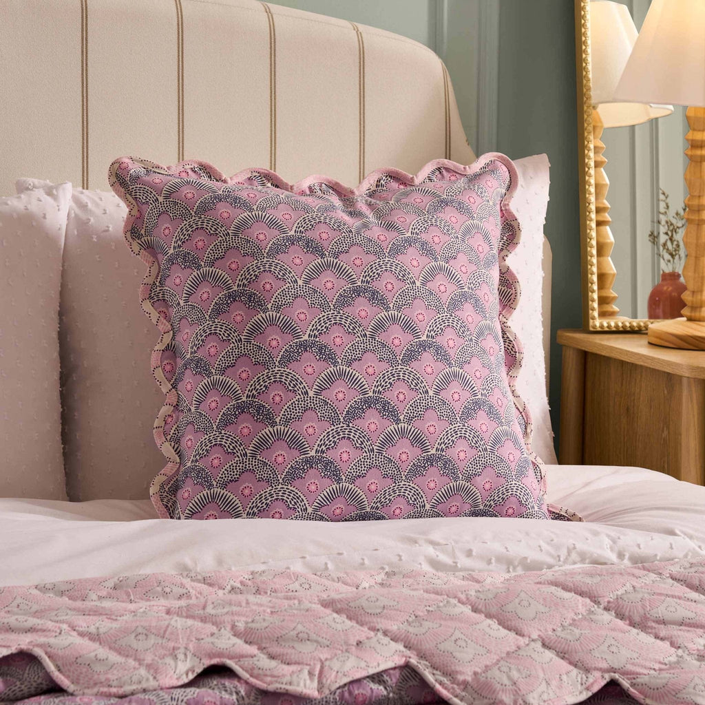 Esme 100% Cotton Printed Scallop Reversible Cushion Cover - Pink - DUSK