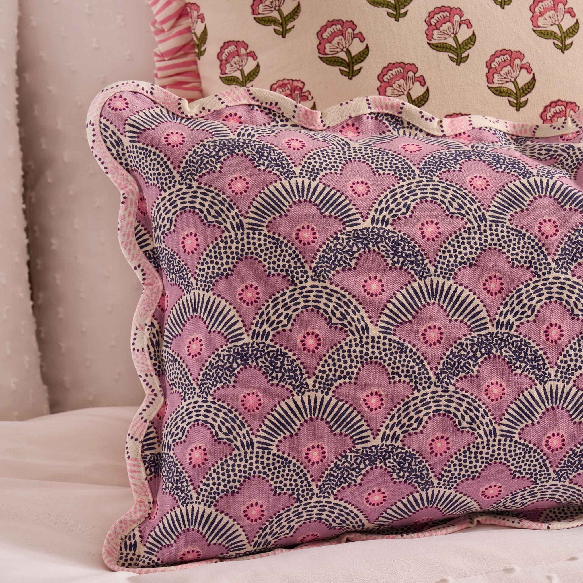 Esme 100% Cotton Printed Scallop Reversible Cushion Cover - Pink - DUSK