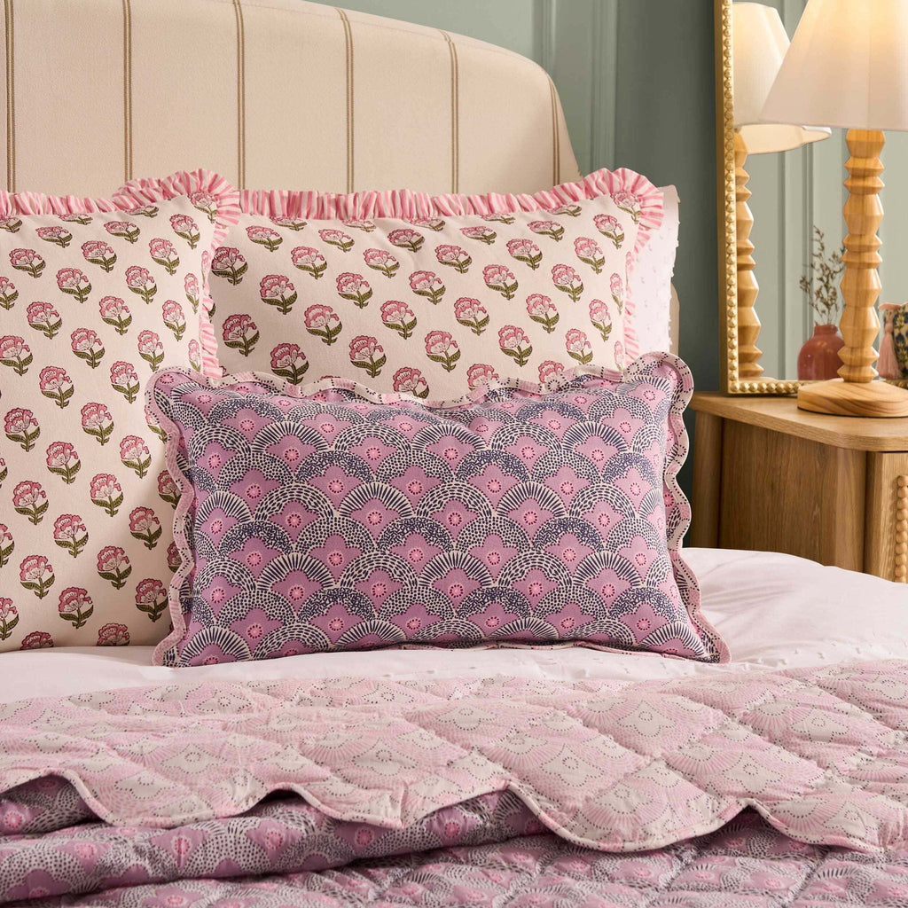 Esme 100% Cotton Printed Scallop Reversible Cushion Cover - Pink - DUSK