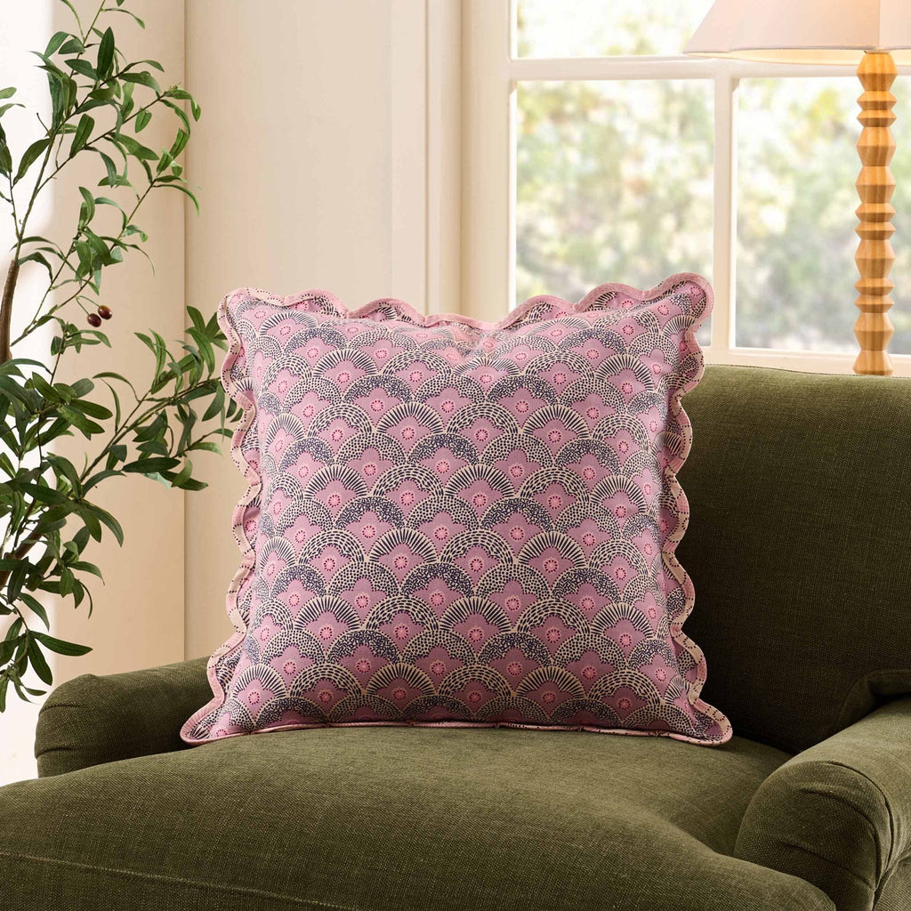 Esme 100% Cotton Printed Scallop Reversible Sofa Cushion Cover - Pink - DUSK
