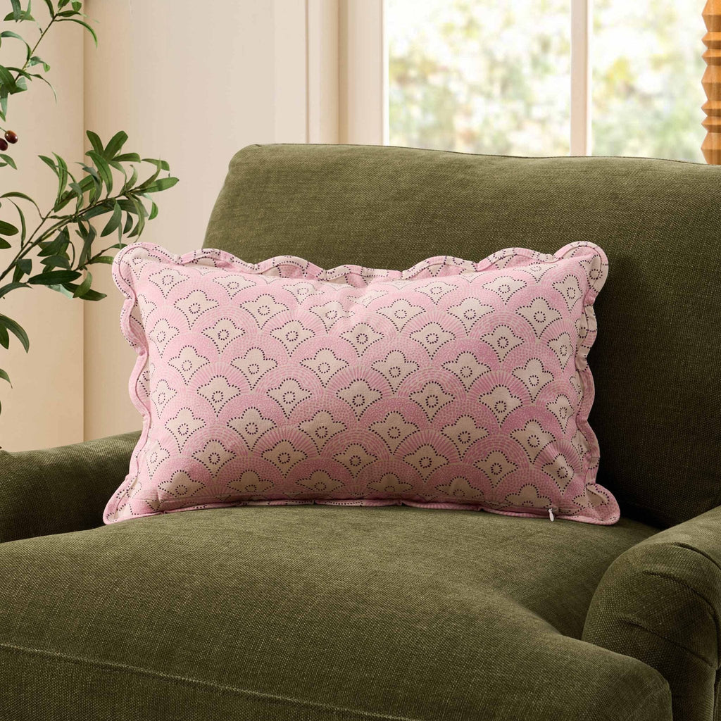 Esme 100% Cotton Printed Scallop Sofa Cushion Cover - Pink - DUSK