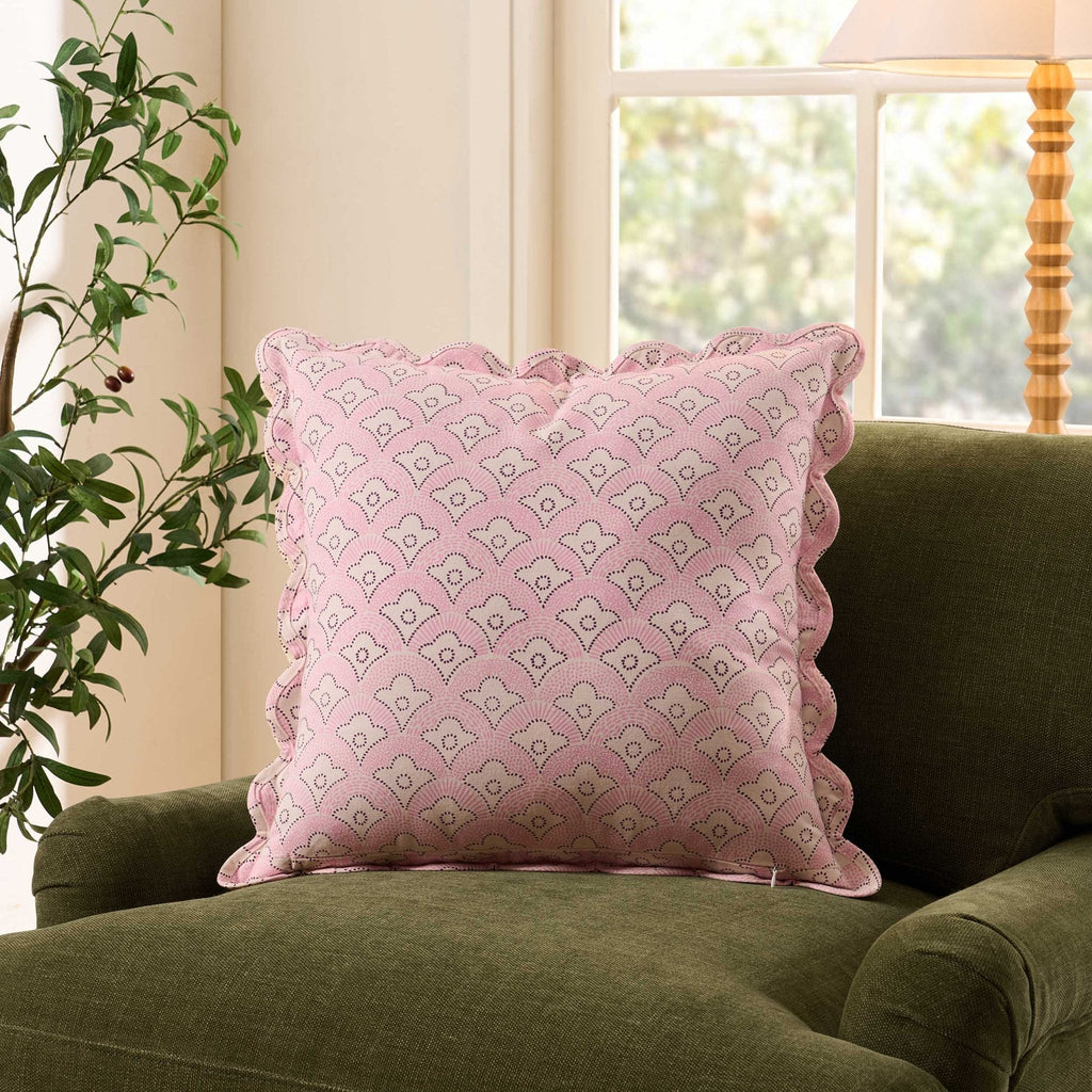 Esme 100% Cotton Printed Scallop Sofa Cushion Cover - Pink - DUSK