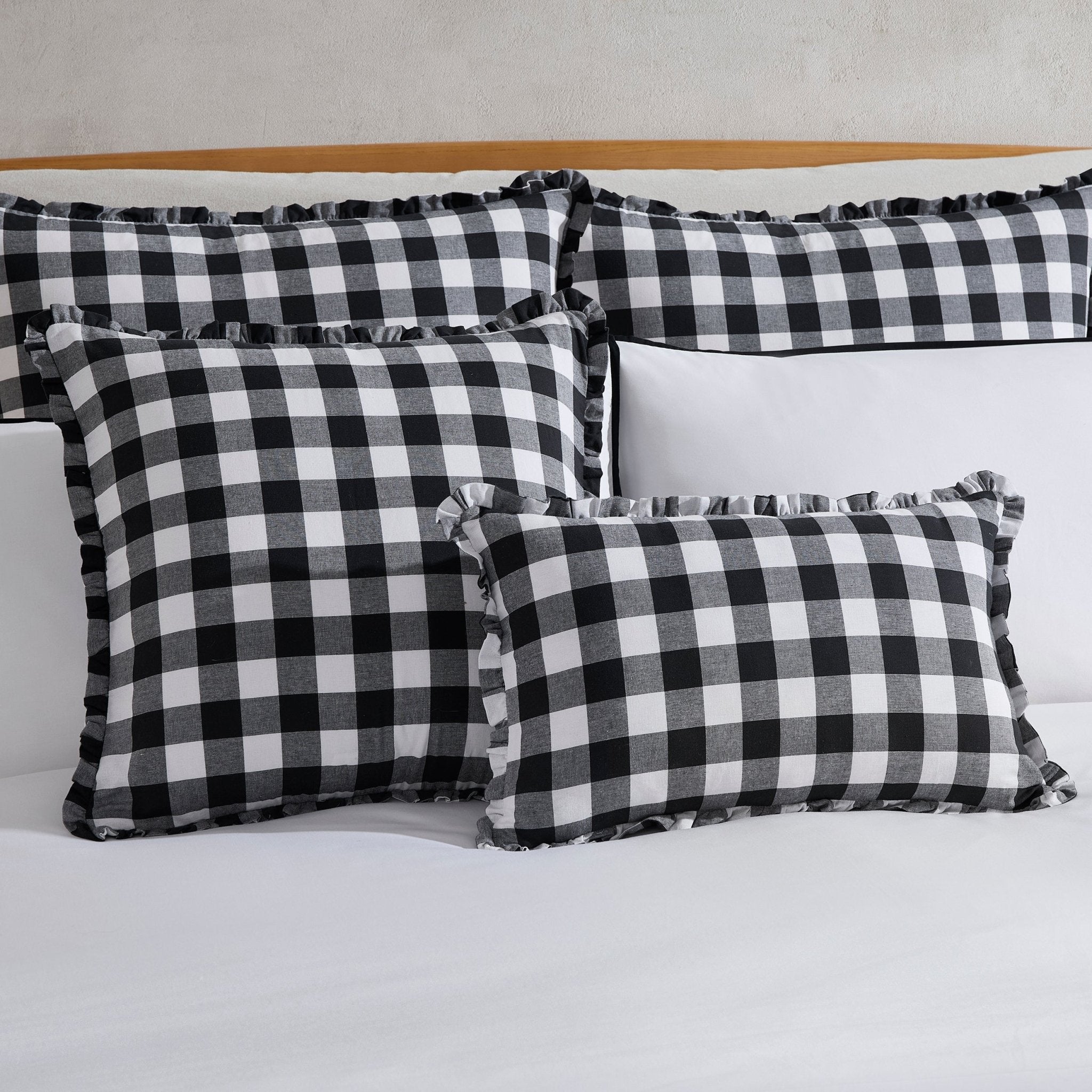 Gingham Square Frill Edge Cushion Cover - Black - DUSK