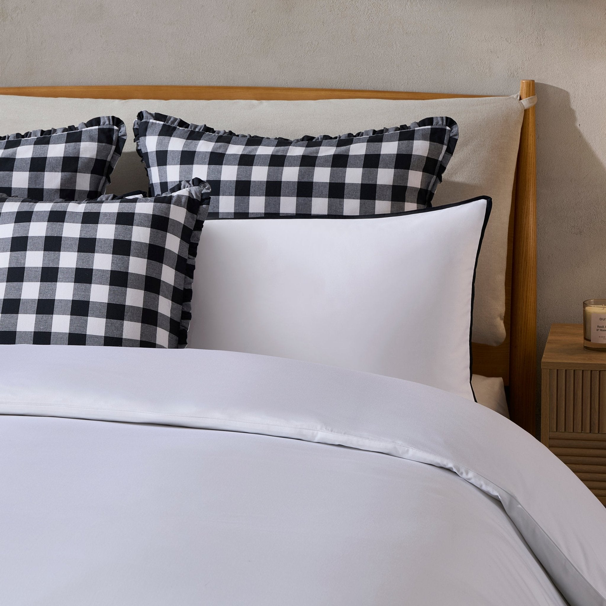Gingham Square Frill Edge Cushion Cover - Black - DUSK