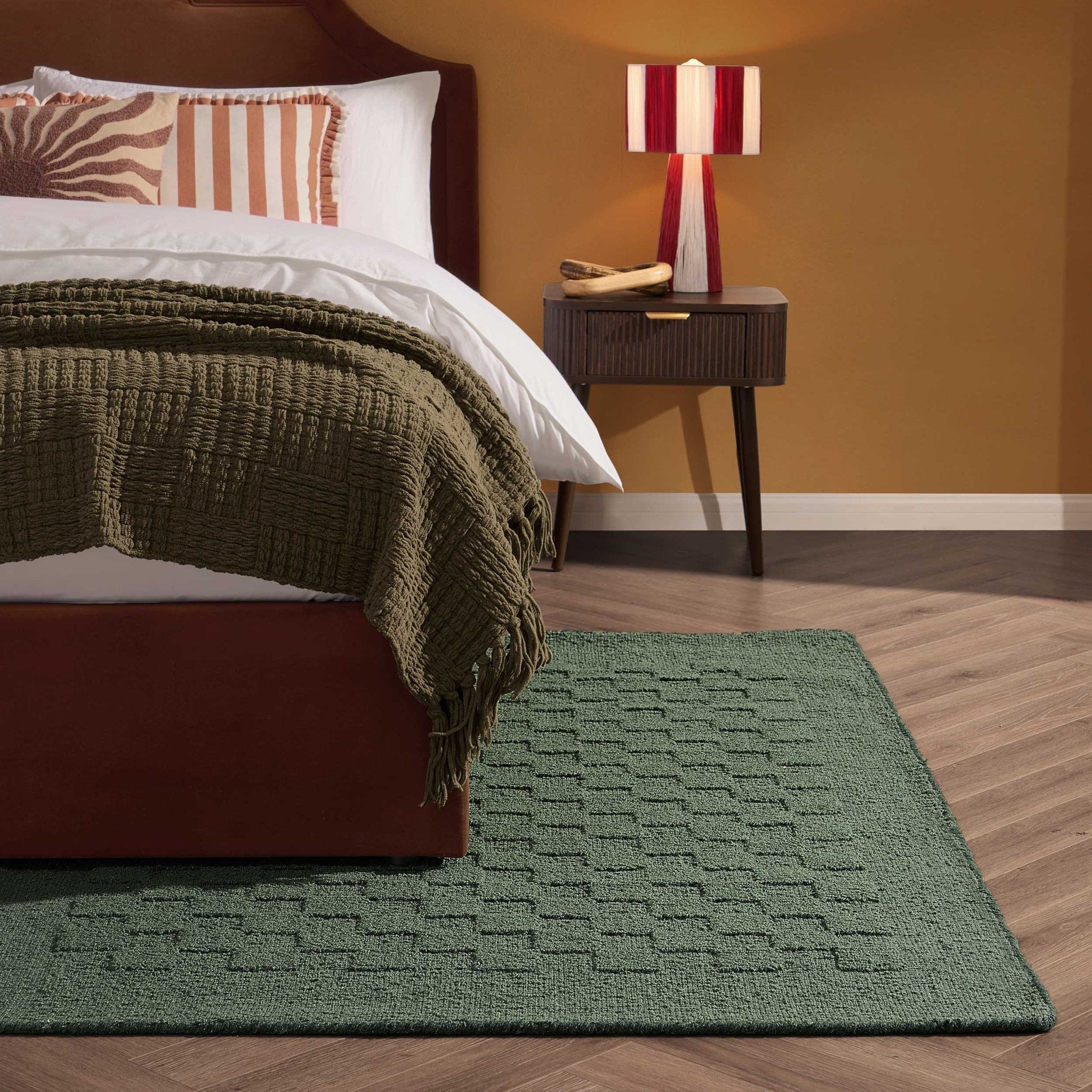 Hand Woven Wool Checkerboard Rug - Forest Green - DUSK