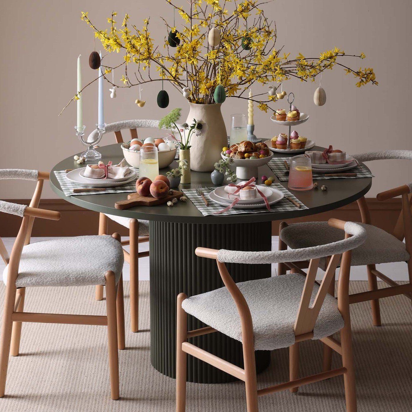 Hattie Panel Round 4 - 6 Seater Pedestal Dining Table - Vetiver - DUSK
