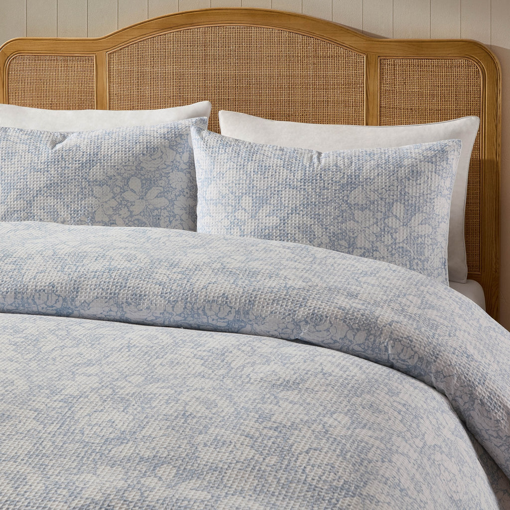 Iris Floral Printed Waffle Duvet Cover & Pillowcase Set - Blue - DUSK
