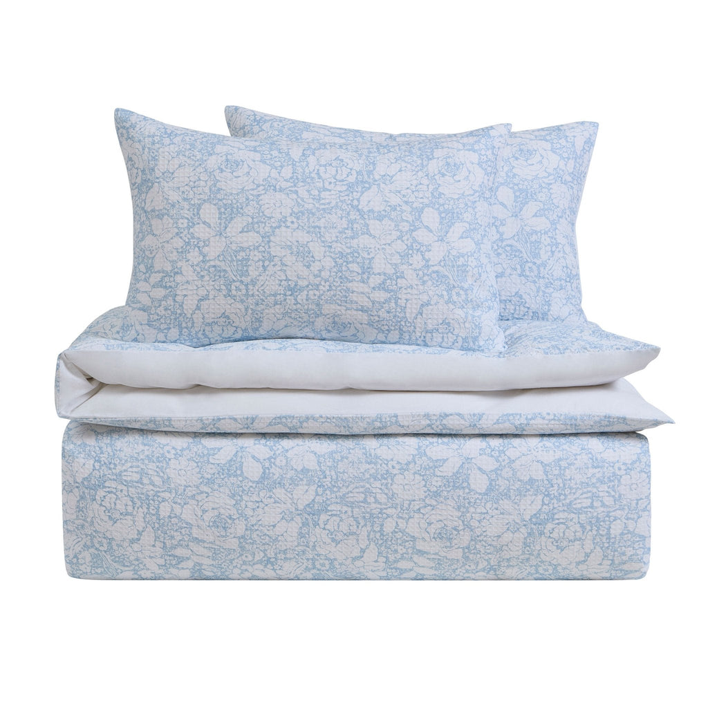 Iris Floral Printed Waffle Duvet Cover & Pillowcase Set - Blue - DUSK