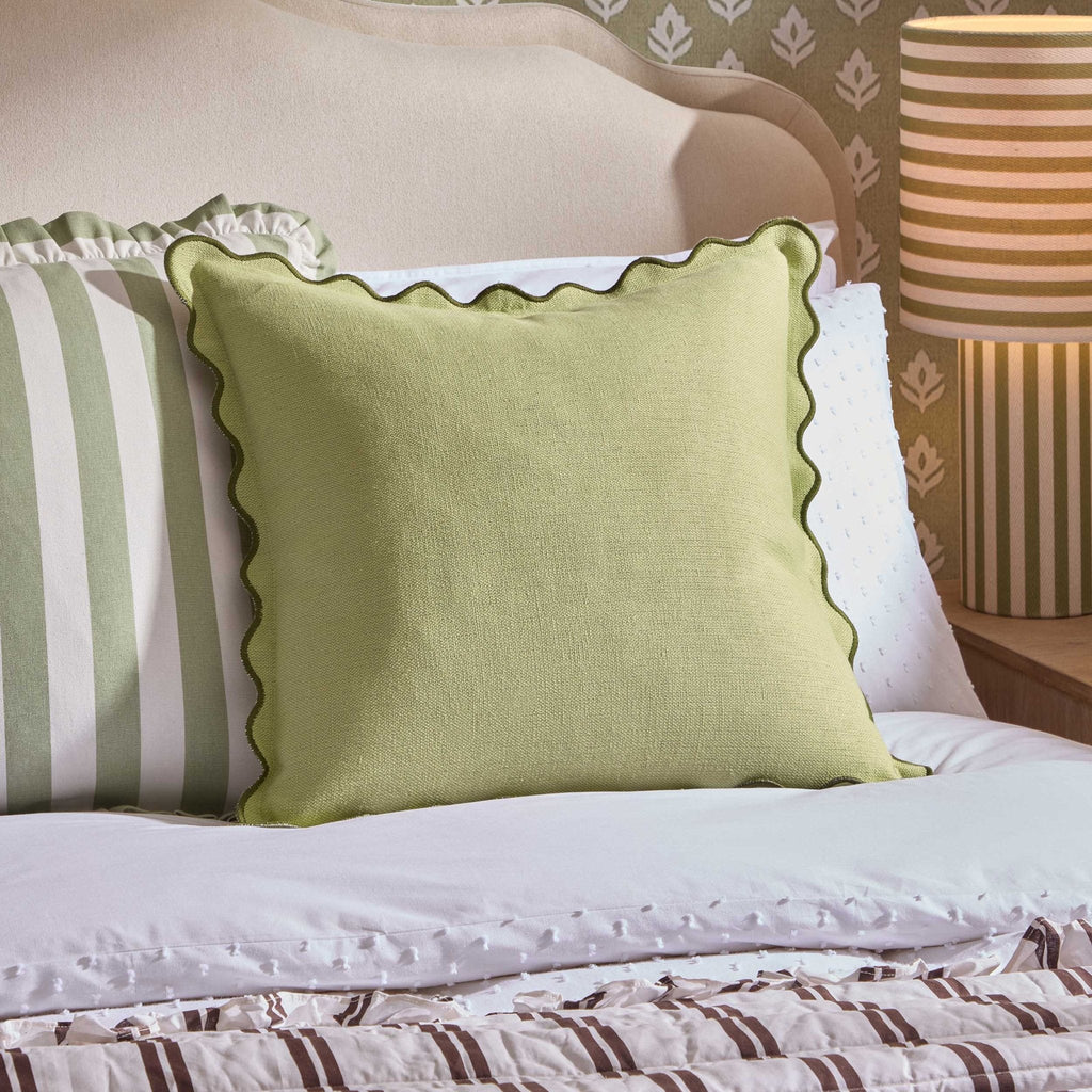 Linen Blend Scallop Edge Cushion Cover - Green - DUSK