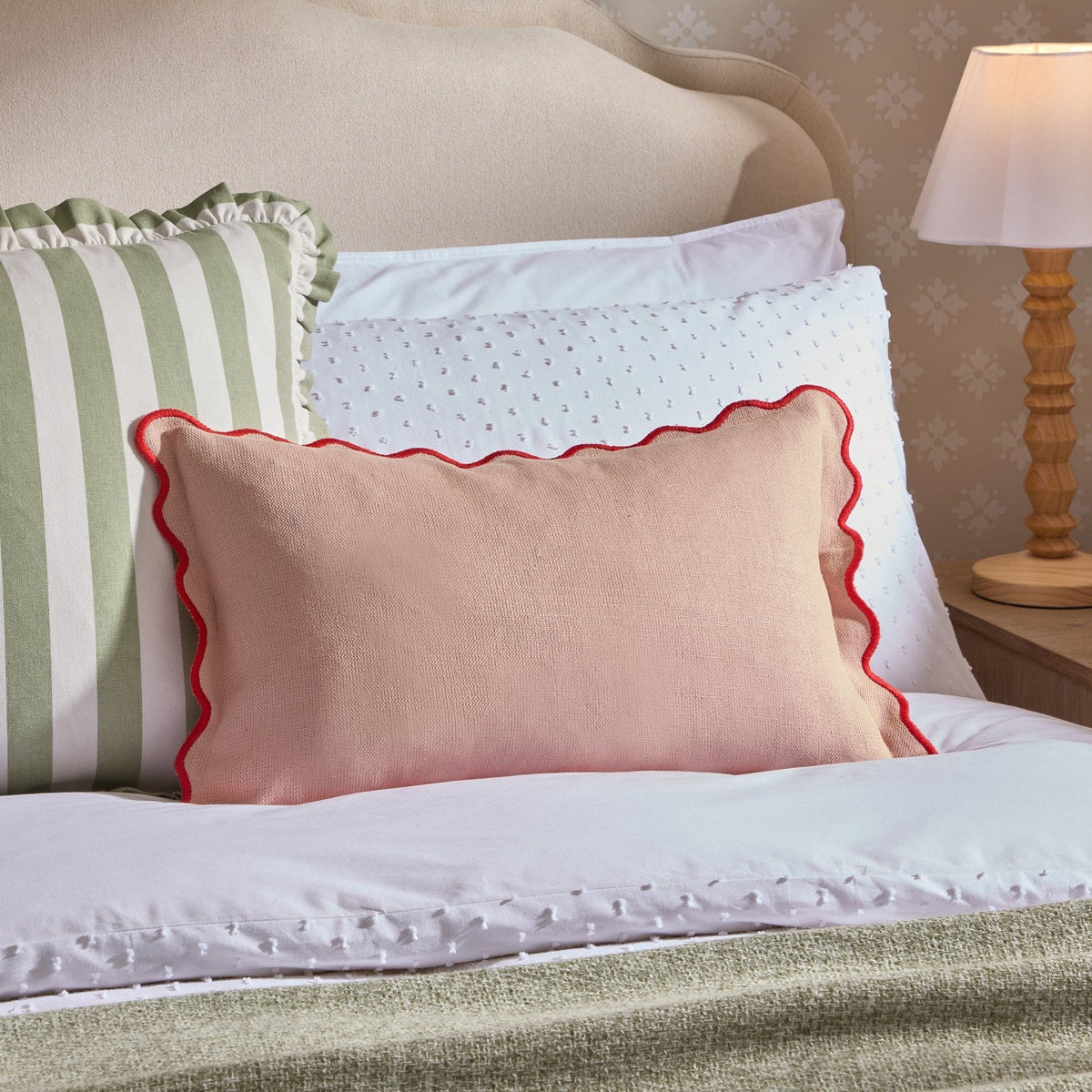 Linen Blend Scallop Edge Cushion Cover - Pink/ Red - DUSK