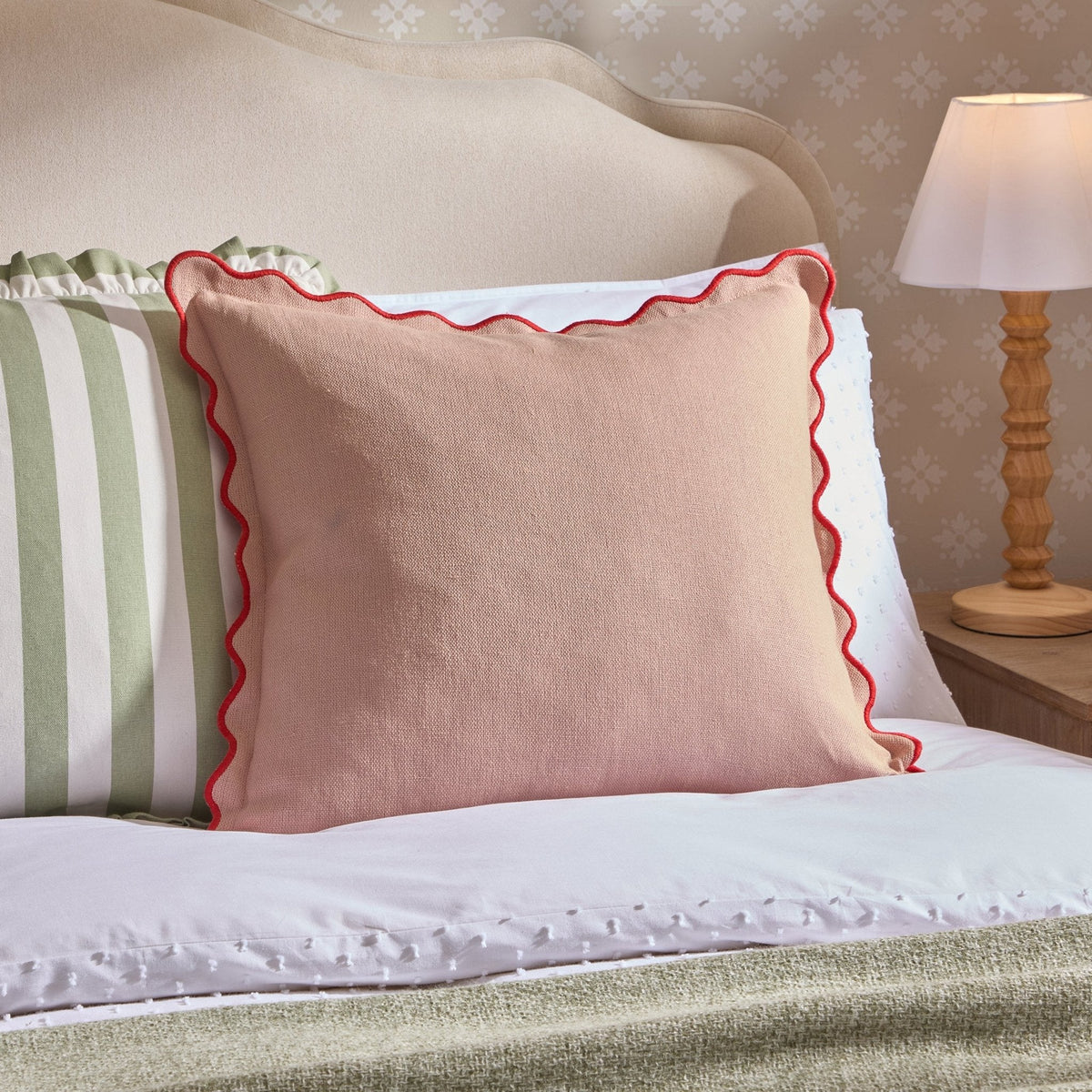 Linen Blend Scallop Edge Cushion Cover - Pink/ Red - DUSK