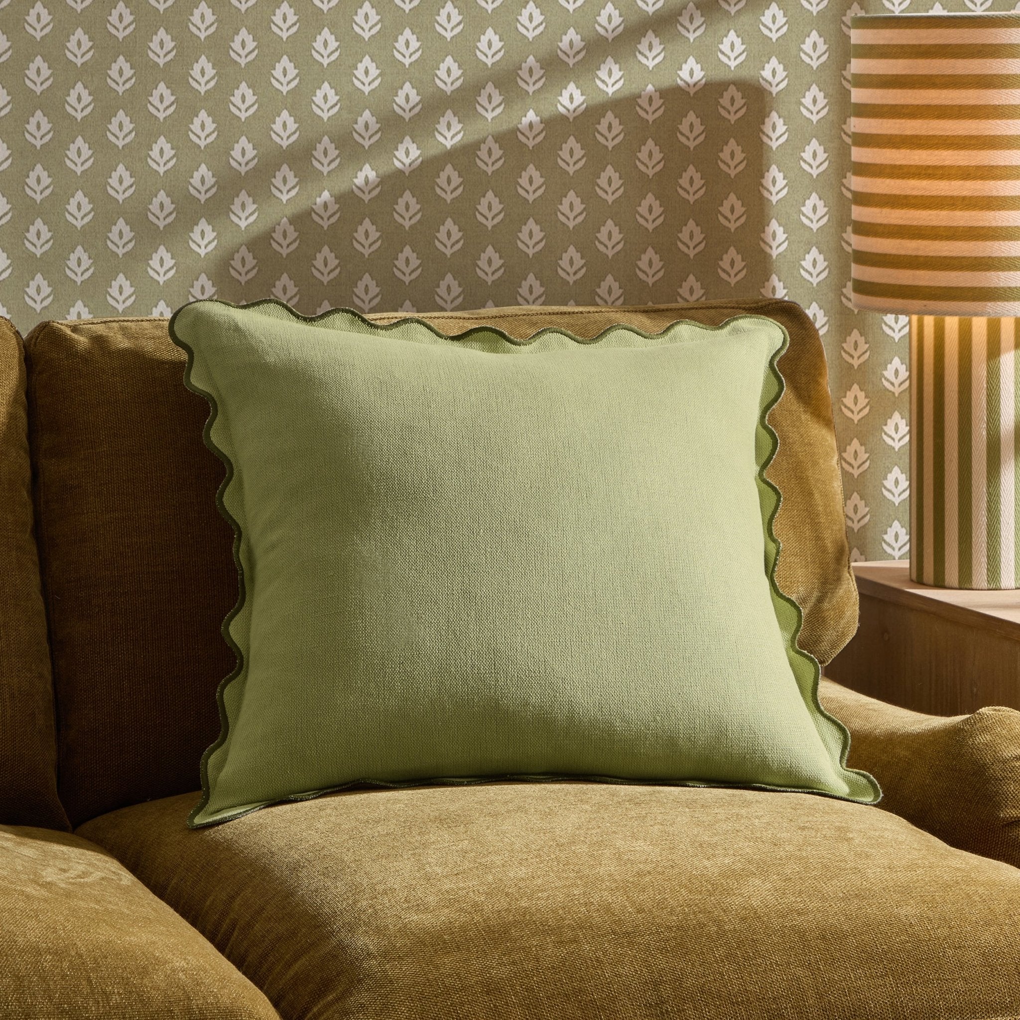 Linen Blend Scallop Edge Sofa Cushion Cover - Green - DUSK
