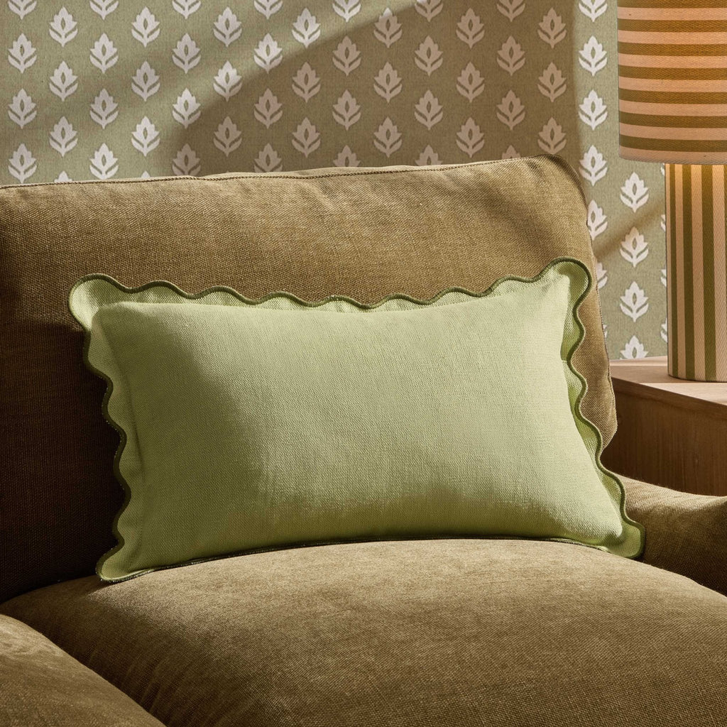 Linen Blend Scallop Edge Sofa Cushion Cover - Green - DUSK