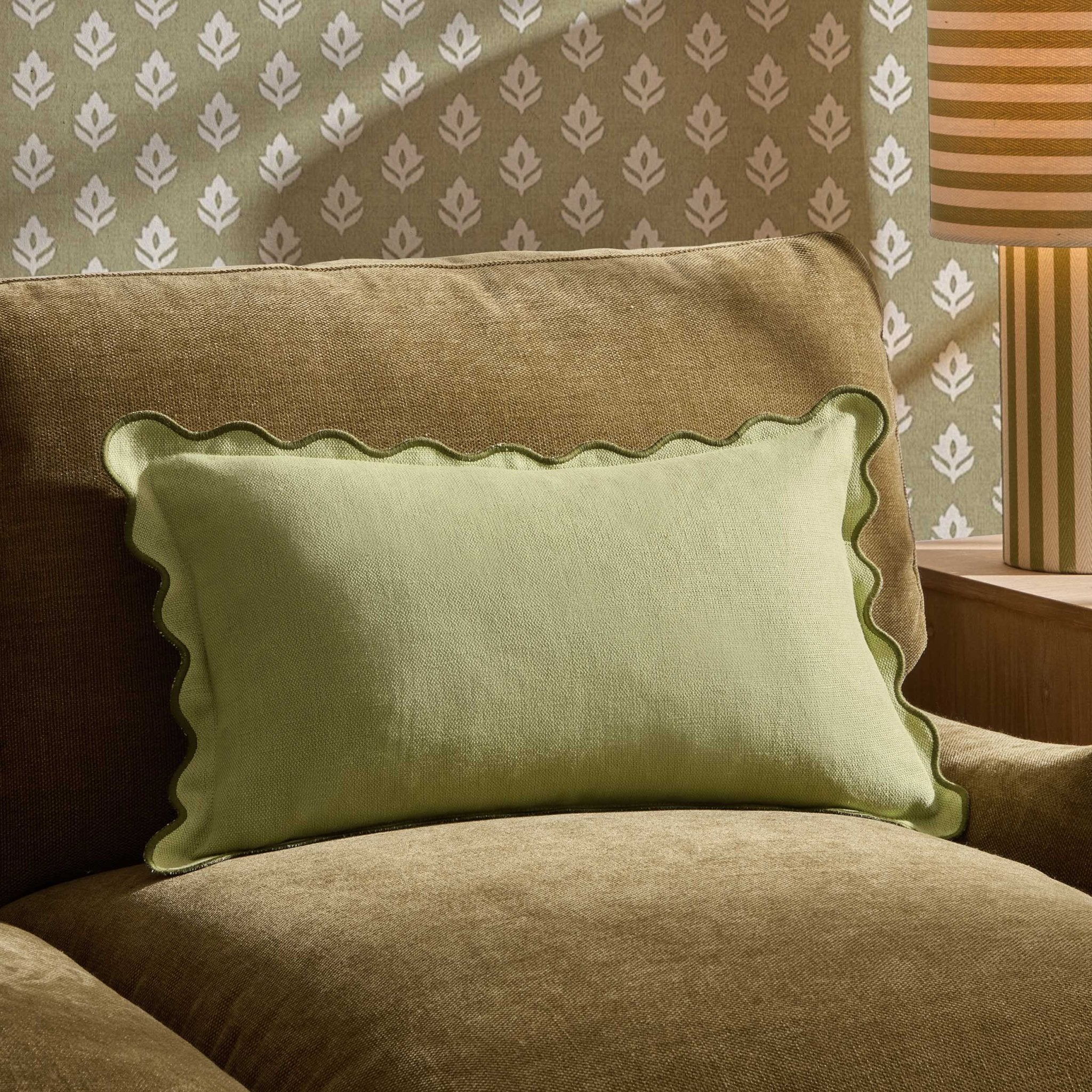 Linen Blend Scallop Edge Sofa Cushion Cover - Green - DUSK