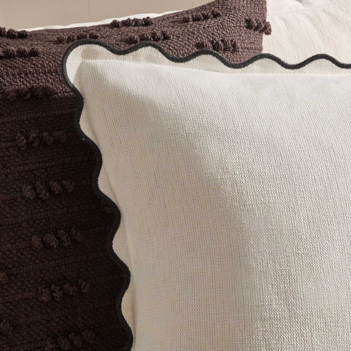 Linen Blend Scallop Edge Sofa Cushion Cover - Natural/Black - DUSK