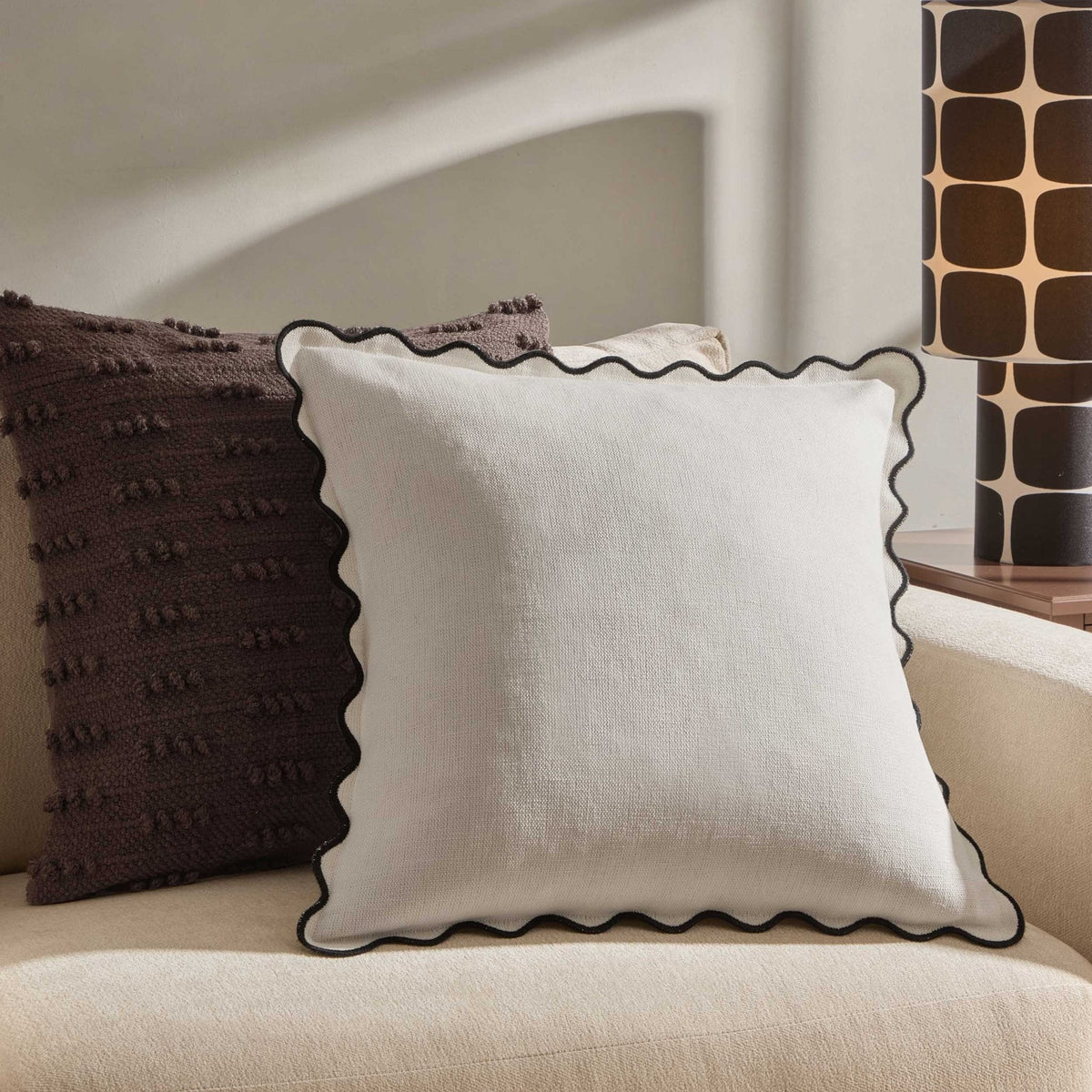 Linen Blend Scallop Edge Sofa Cushion Cover - Natural/Black - DUSK