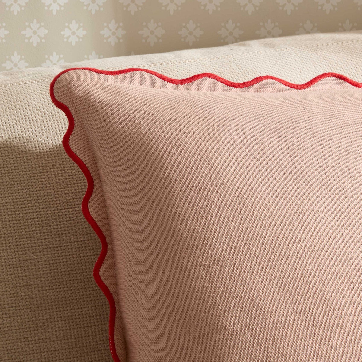 Linen Blend Scallop Edge Sofa Cushion Cover - Pink/ Red - DUSK