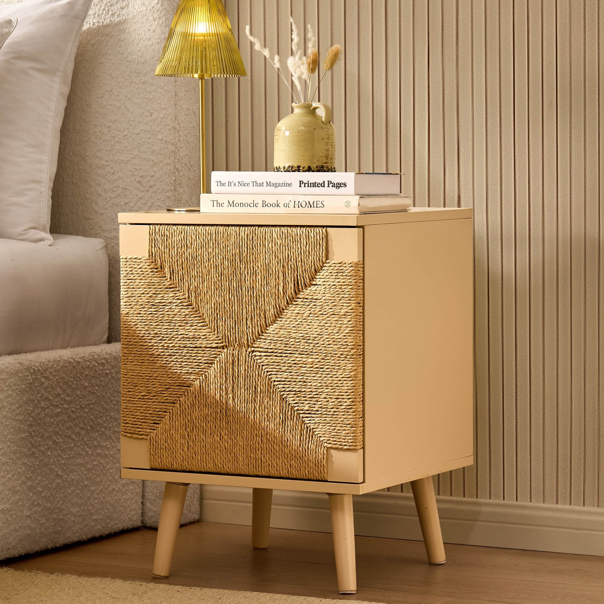 Lottie Woven Bedside Table with Door - Sand - DUSK