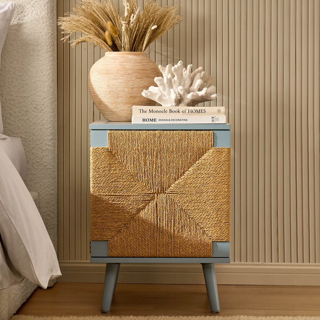Lottie Woven Bedside Table with Door - Sky Blue - DUSK