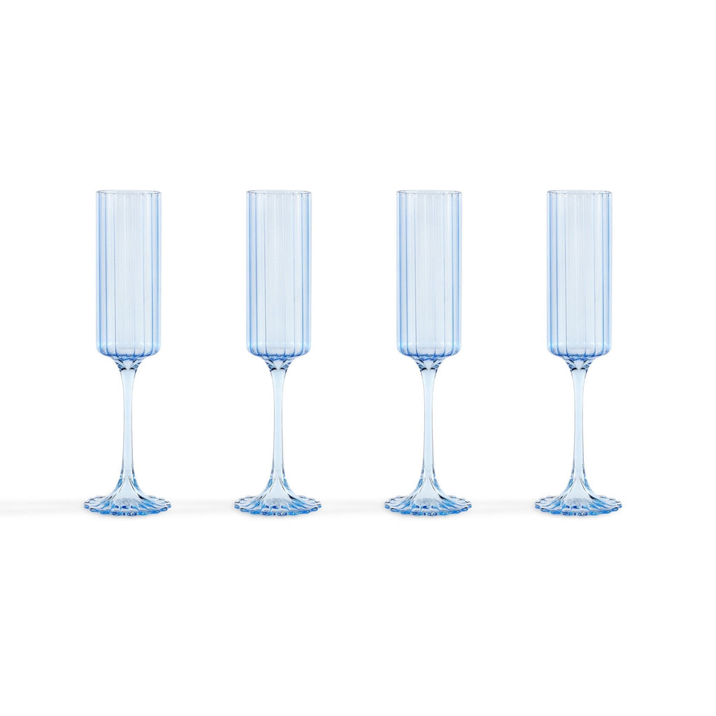 Lucinda Scalloped Edge Contrast Stem Glass Flutes - Set of 4 - Blue - DUSK
